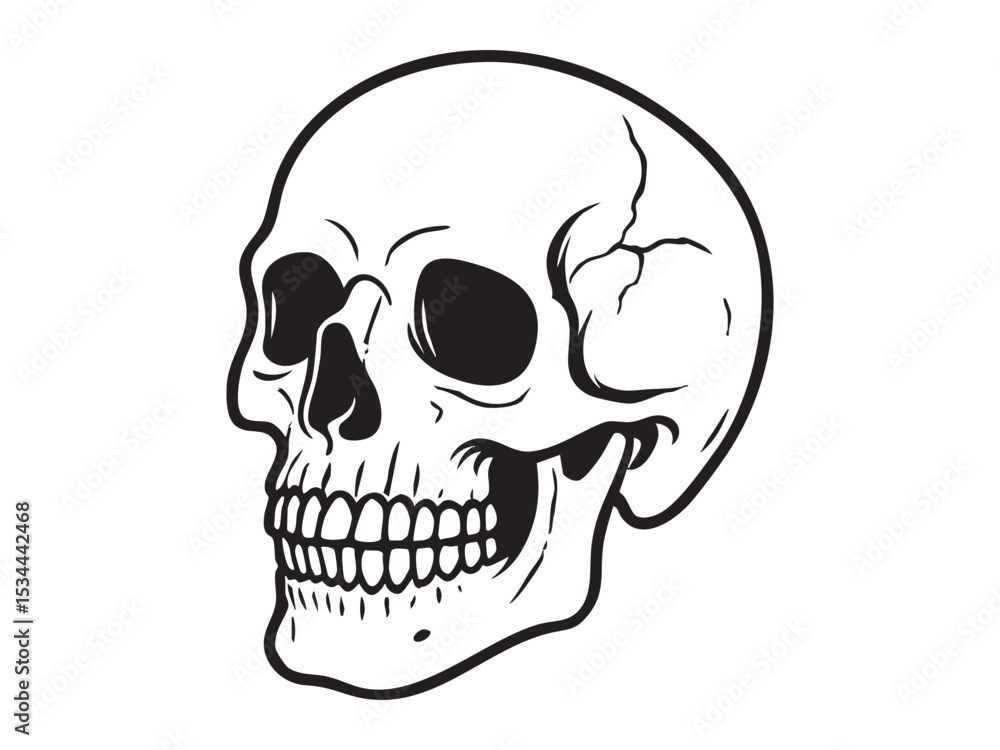 Obraz premium Graphic illustration of human skull, isolated on white background, perfect for anatomy studies, halloween decor, tattoo design, educational material, Black outline, death symbol