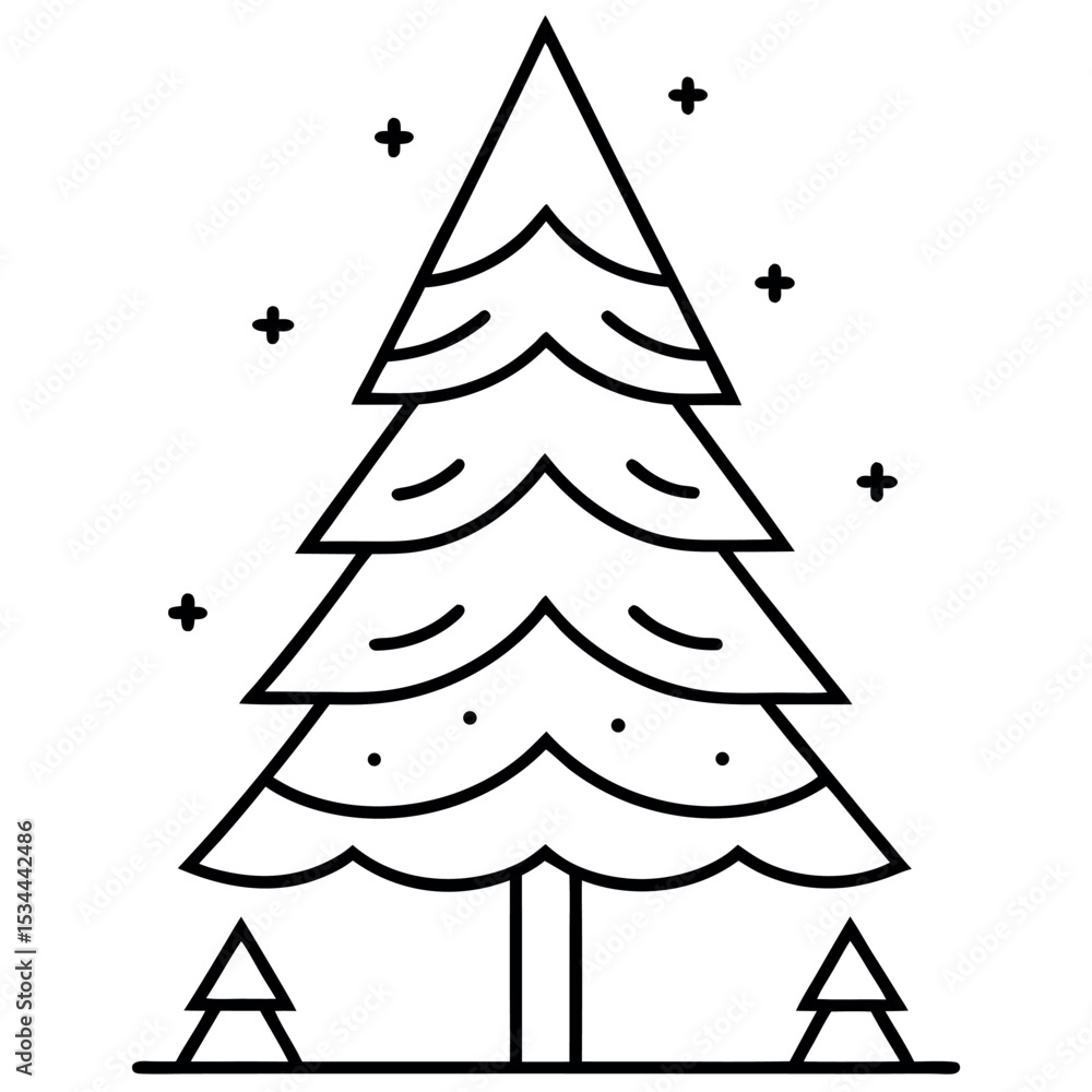 Obraz premium Minimalist Black Line Art Fir Tree Winter Scene vector