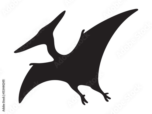 Black silhouette of flying Pteranodon with long wings and head crest, isolated on white background, graphic illustration. Concept of prehistoric pterosaur, jurassic flying reptile, design element