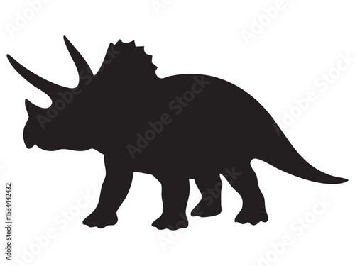 Silhouette of triceratops dinosaur, black outline on white background, graphic illustration. concept of prehistoric creature, extinct animal, icon, design element