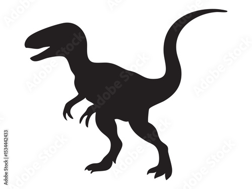 Black silhouette of Velociraptor dinosaur in aggressive stance, isolated on white background, graphic illustration. Concept of prehistoric predator, raptor species, jurassic animal design element