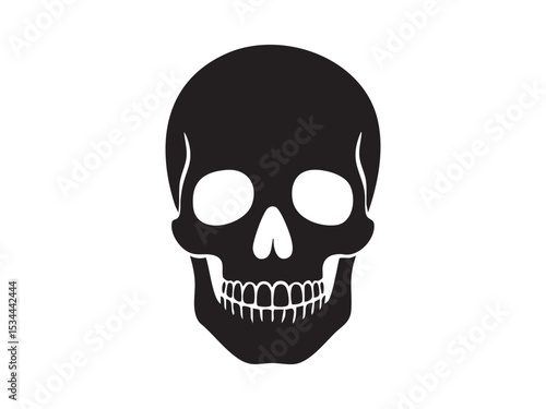 Black silhouette of human skull isolated on white background, graphic illustration. concept of anatomy, horror, design element, halloween decor, death symbol
