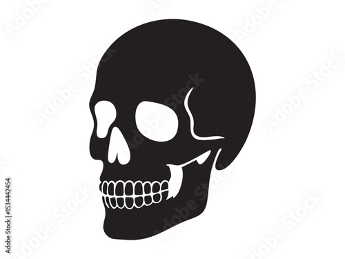 Black silhouette of human skull in side view, isolated on white background, graphic illustration. concept of anatomy, halloween decoration, icon, design element