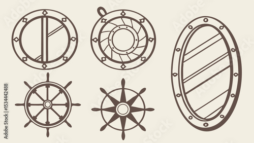 Classic Brown Outline Nautical Elements Collection Ship Portholes Windows Steering Wheels Compass Rose Marine Theme