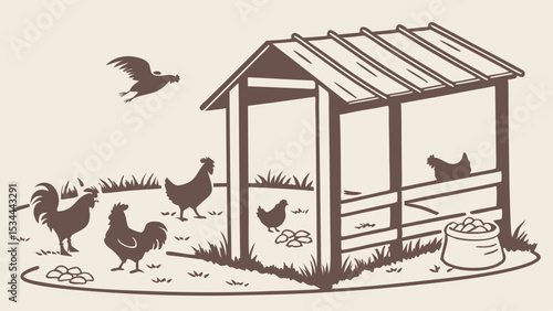 Vintage Sepia Rural Farm Illustration Chickens Rooster and Eggs by a Rustic Chicken Coop