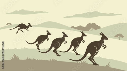 Group of Five Kangaroos Hopping Uphill Vintage Style Landscape Illustration