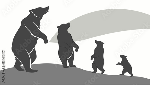 Silhouette Graphic Illustration of a Standing Bear Family Mother and Cubs on a Hill