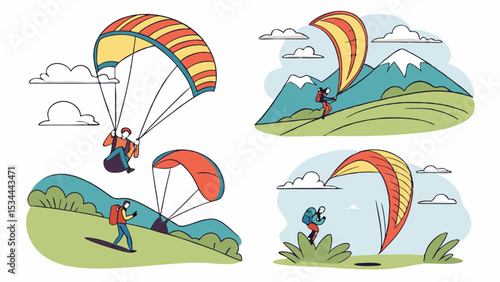 Paragliding adventure sport set with people flying over mountains nature and sky. Outdoor recreation illustration.
