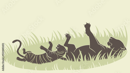 Tiger mother and cub playing in grass silhouette wildlife nature animal family wild cats