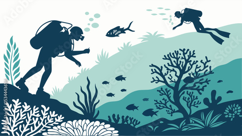 Underwater silhouette illustration of scuba divers exploring coral reef and marine life