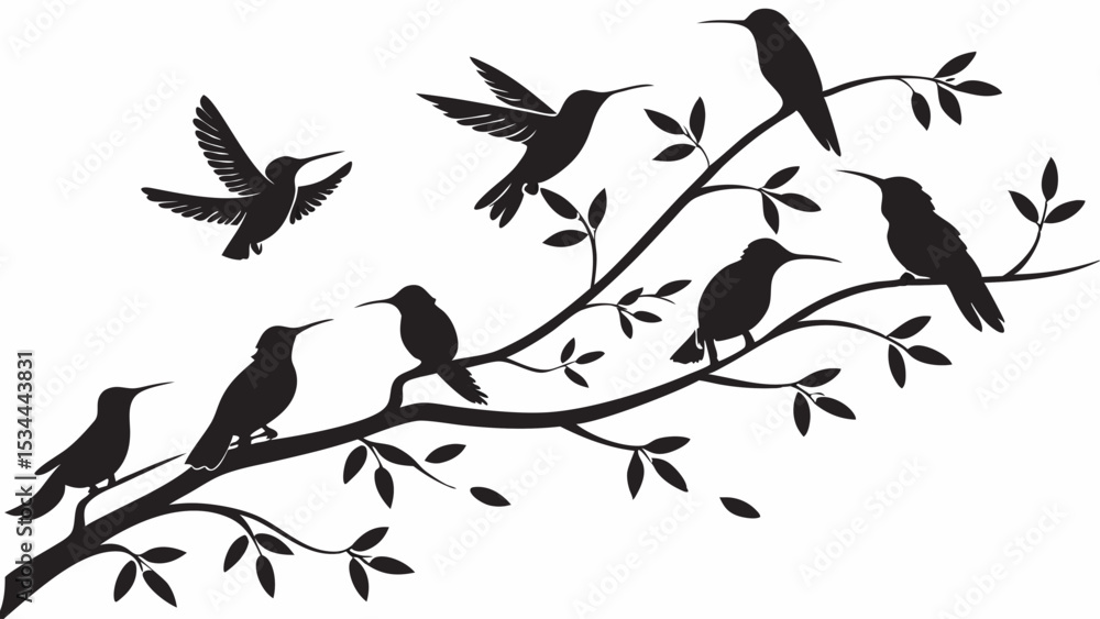 Obraz premium Group of black hummingbird silhouettes flying and perched on a tree branch