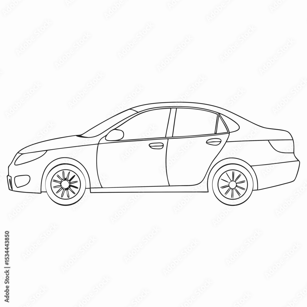 Naklejka premium Side view of passenger car outlined in clean linear style with visible wheels and windows. automotive brochure, driving school visuals or transport app concept. dealership icon, fleet mockup, logistic