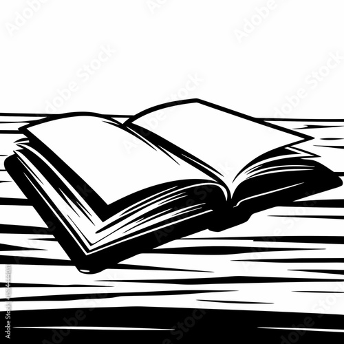 Open book lies ontextured wooden surface. Simple monochrome illustration suggests learning, literature or self-education. Knowledge, study concept for publishing, online courses, book ststore