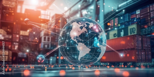 Global Trade and Logistics: A futuristic image of a global network above a bustling warehouse, symbolizing interconnected trade and efficient logistics in the modern era.