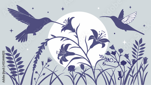 Hummingbirds Flying Flowers Moon Stars Night Garden Nature Bird Sky Silhouette Vector Illustration Art