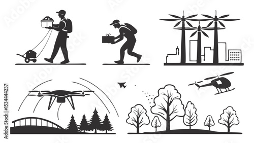 Modern Technology Delivery Logistics Icons Set. Drone Delivery Renewable Energy Transportation Silhouettes.