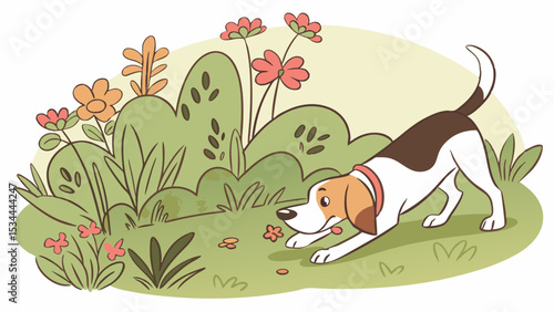 Cute cartoon beagle dog sniffing the ground in a vibrant spring garden illustration with colorful flowers and plants.
