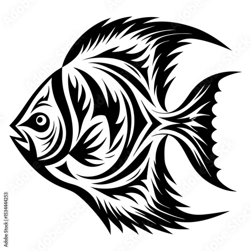 Stylized black and white angelfish illustration tribal fish design graphic