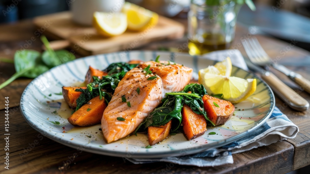 Fried salmon fillet with diced fried sweet potatoes and sauteed spinach. There are lemon slices next to it. Drizzle the dish with olive oil. Fried salmon fillet with diced fried sweet potatoes and sauteed spinach. There are lemon slices next to it. Drizzle the dish with olive oil.
