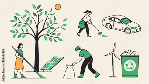 Eco-friendly lifestyle and environmental care concept with people cleaning, renewable energy, and recycling