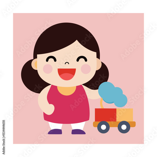 Baby Girl Holding Toy Dump Truck and Giggling