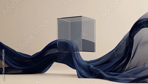 Muted tones, floating glass box, draped fabric