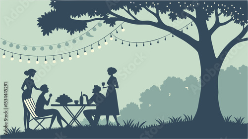 Relaxing outdoor summer garden dinner party silhouette with friends under tree and string lights