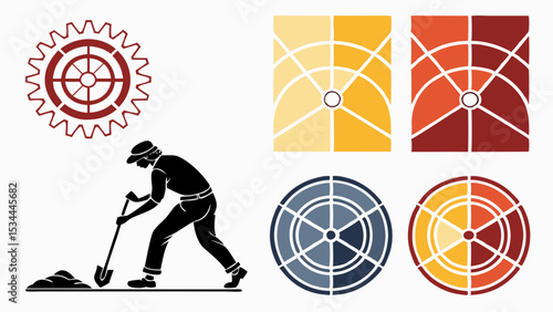 Worker Digging with Shovel Icon Set Industrial Gear and Circle Shapes Construction Labor Flat Design Isolated on White Background