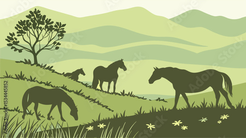 Silhouette of horses grazing on green meadow with mountains and trees in background peaceful countryside landscape illustration
