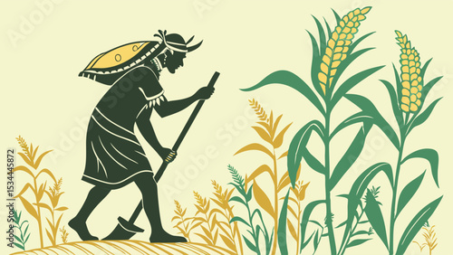 Ancient farmer working in cornfield with traditional tools agricultural harvest concept illustration rural farming scene vintage style