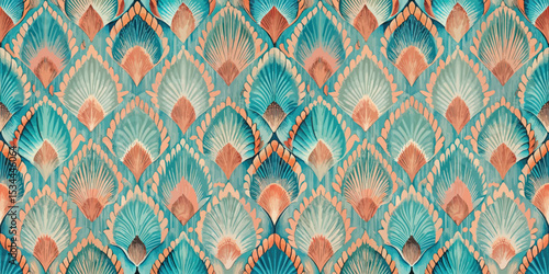 Vibrant and elegant blue and coral fan pattern in a symmetrical design.
