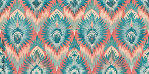 Vibrant blue and coral tropical leaf pattern in a decorative design.
