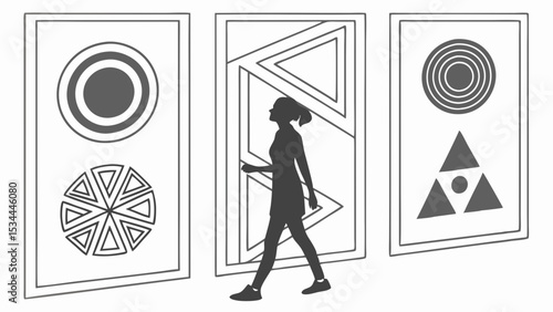 Woman silhouette viewing geometric abstract shapes graphic design art in modern gallery black and white
