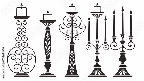 Vintage ornate decorative candle holders and elegant candelabra set collection vector graphic isolated on white