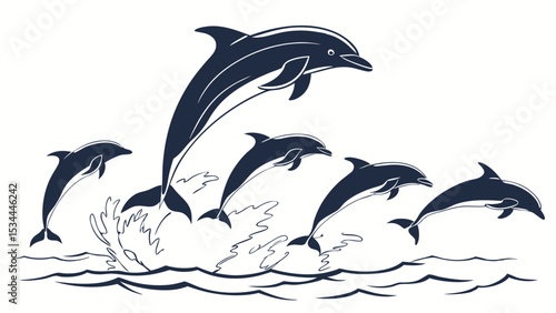 Group of dolphins jumping out of the water, marine life, wildlife, nature, ocean, sea, freedom, joy, action, motion.