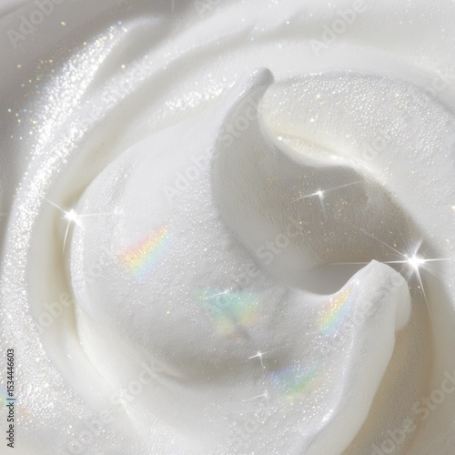 Close-up of a smooth, white cream swirl with a glossy finish and subtle sparkles. The texture appears soft and inviting, ideal for skincare or culinary use.