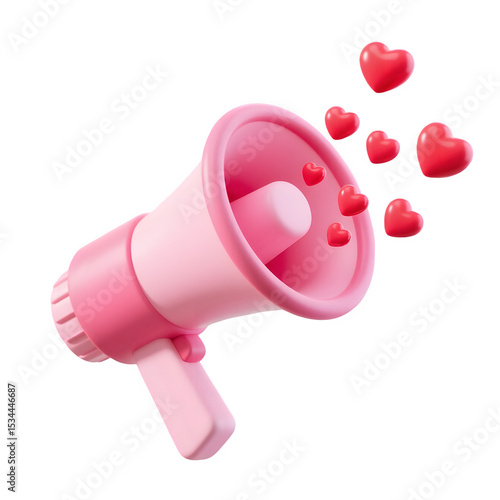 Pink Megaphone Announcing Love Isolated on Transparent Background With Hearts