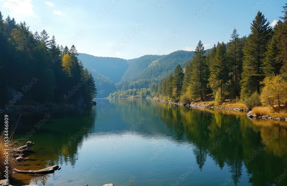 Fototapeta premium Oker reservoir near Altenau in Harz Mountains. Scenic view of the Oker See, serene lake reflects forest, mountain. Idyllic nature, summer travel. Natural beauty, perfect vacation, travel tourism.