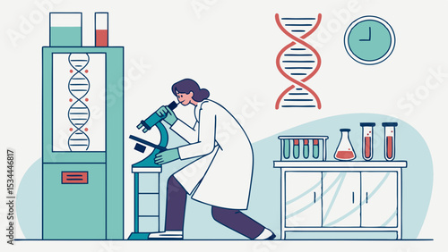 Female Scientist Working In Modern Medical Laboratory With Microscope And DNA.