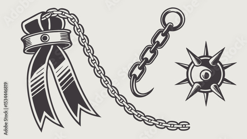Vintage illustration set chain ribbon hook mace spiked ball design elements
