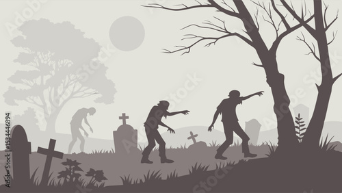Scary Zombies Walking in Graveyard, Halloween Horror Scene with Undead Silhouettes and Tombstones