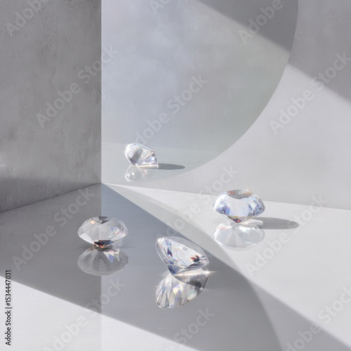 Four loose round-cut diamonds on a white surface with soft shadows and minimalistic background.