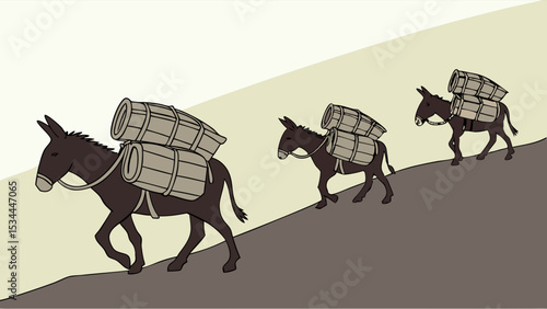 Pack animals donkeys walking uphill carrying heavy loads traditional transport rural journey effort burden illustration