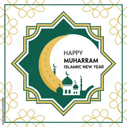 Intricate Flat Design Happy Muharram Card with Gold Crescent and Green Mosque Silhouette