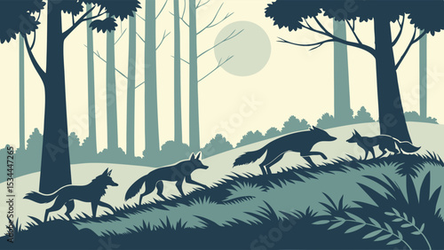 Wolf pack walking uphill in forest nature wildlife animal family illustration.