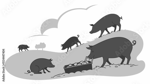 Group of farm pigs and piglets eating from a trough outdoors black and white illustration