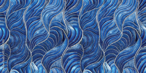 Intricate blue wave pattern with shimmering details for textile design.