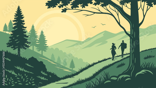Stylized Flat Illustration Hiking Couple on Uphill Mountain Trail at Sunrise Green Nature Landscape Art