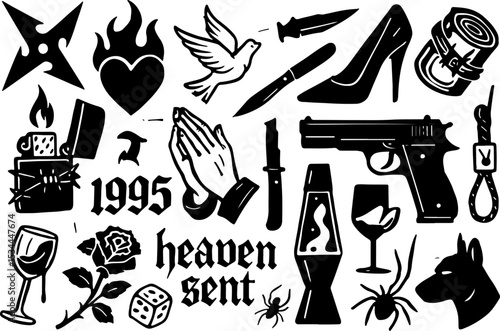 Retro Black and White Tattoo Flash Sheet (or Y2K Tattoo Flash Sheet)