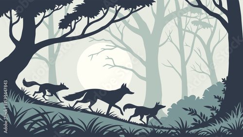 Beautiful Forest Silhouette Art Illustration Featuring a Pack of Three Wild Wolves or Coyotes Running Uphill at Dusk with a Large Moon